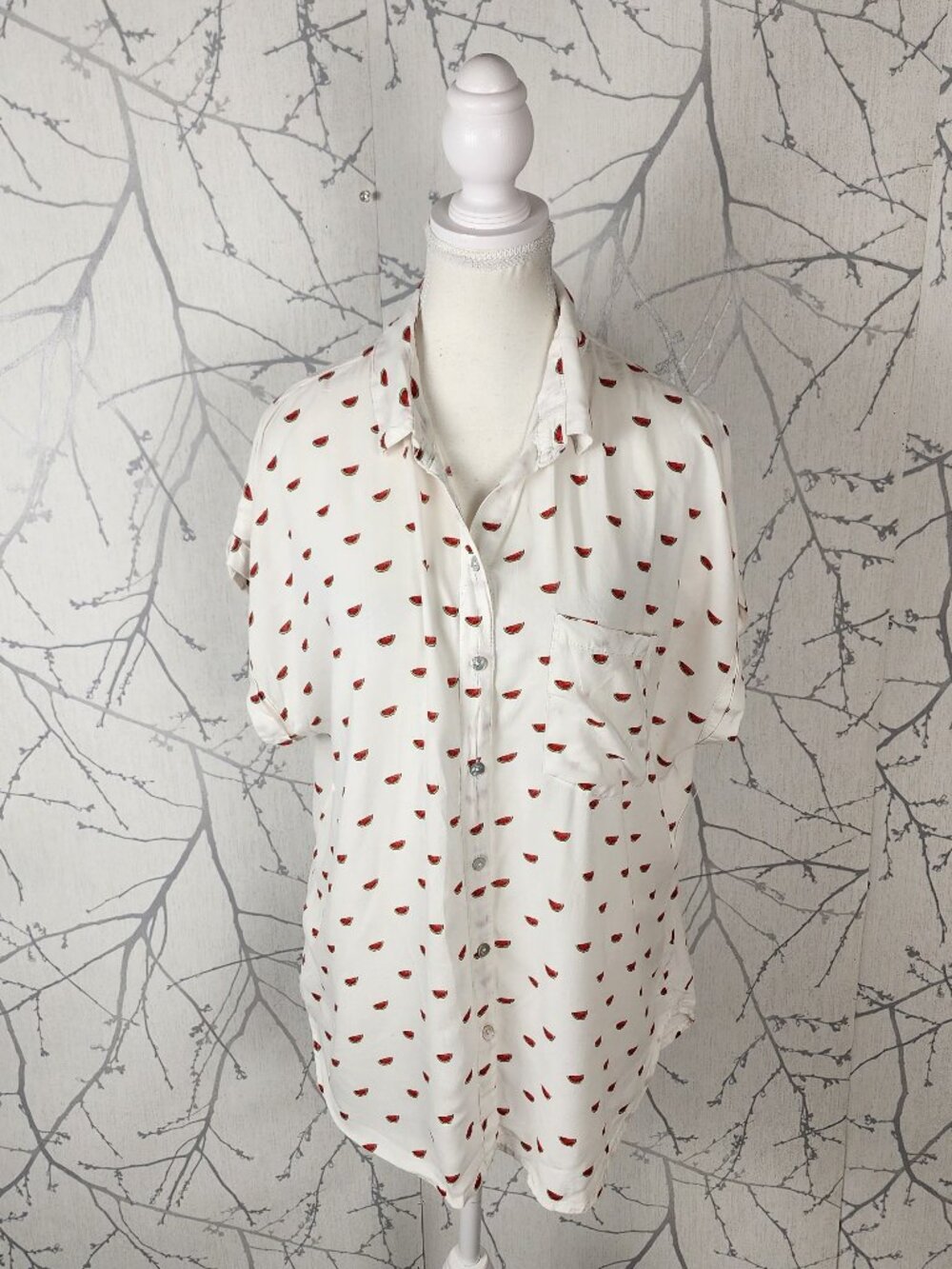 Just Living White Watermelon Print Linen Blend Button Up Shirt